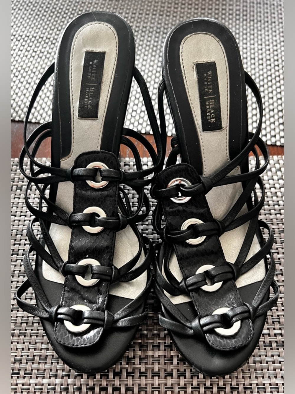 White House Black Market Black Strappy Heels with Ring Accents